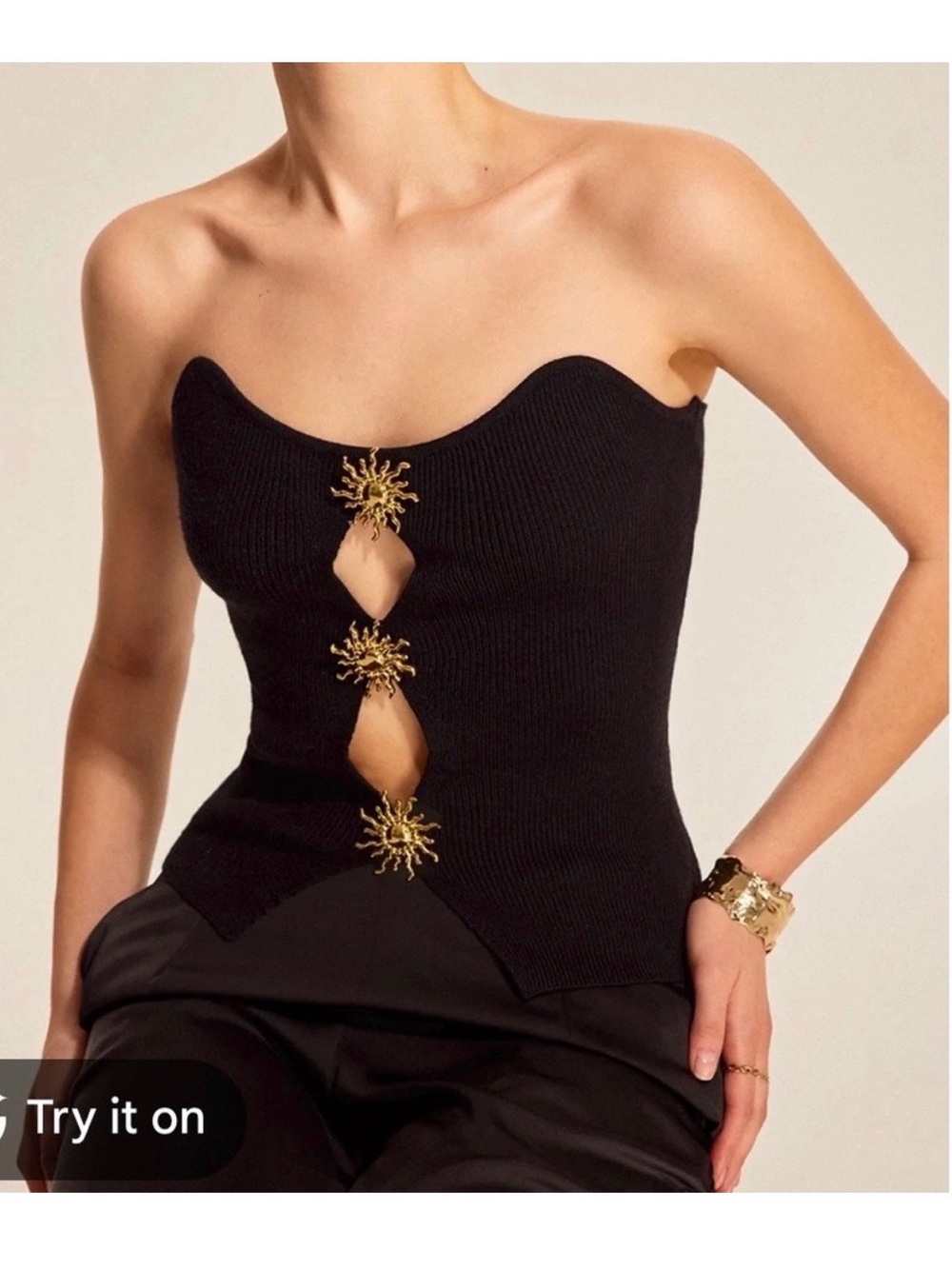 Commense Black Strapless Top with Gold Sun Embellishments